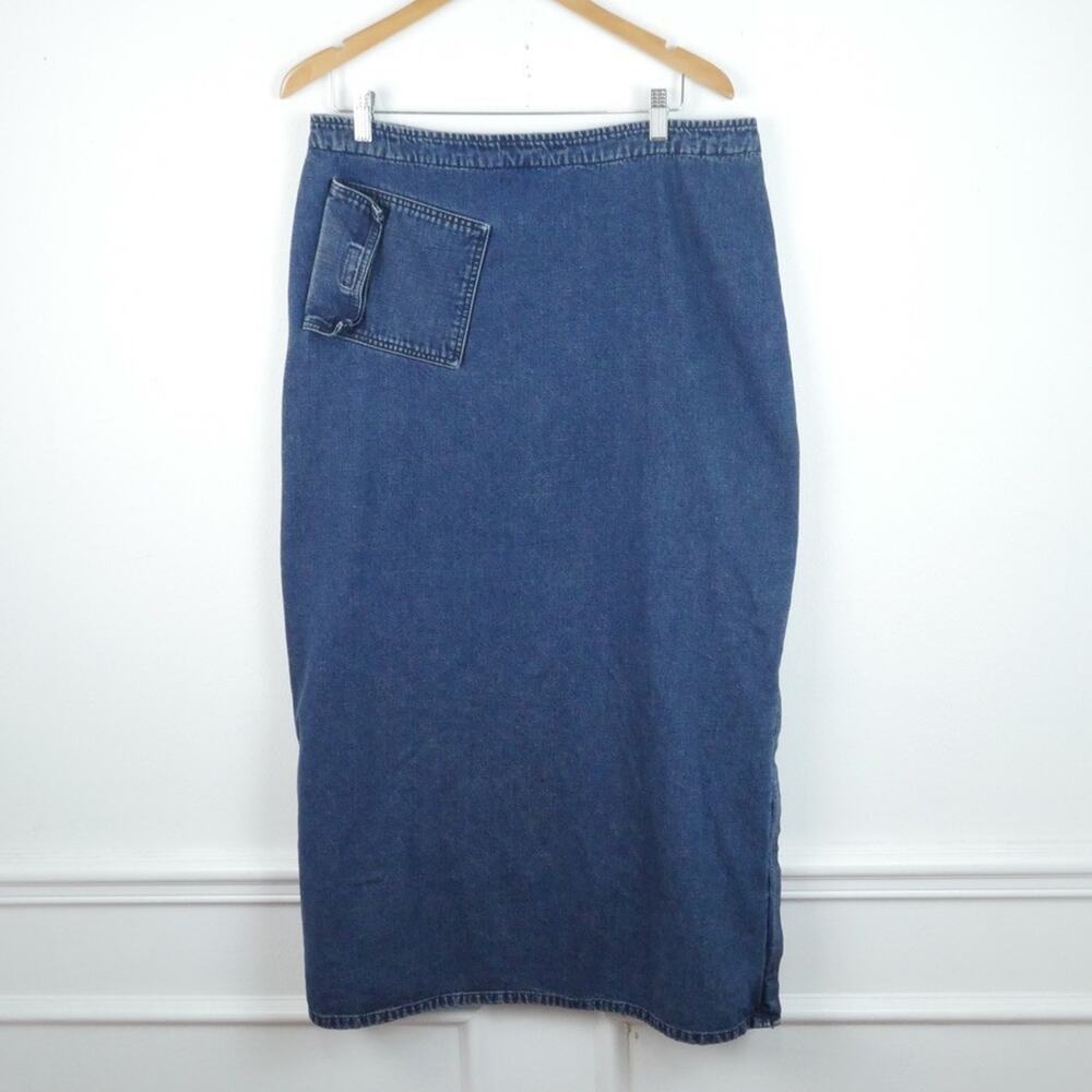 Vintage Y2K Denim Maxi Skirt Utility Pocket Cargo Zip Blue L XL Clean Girl Rave